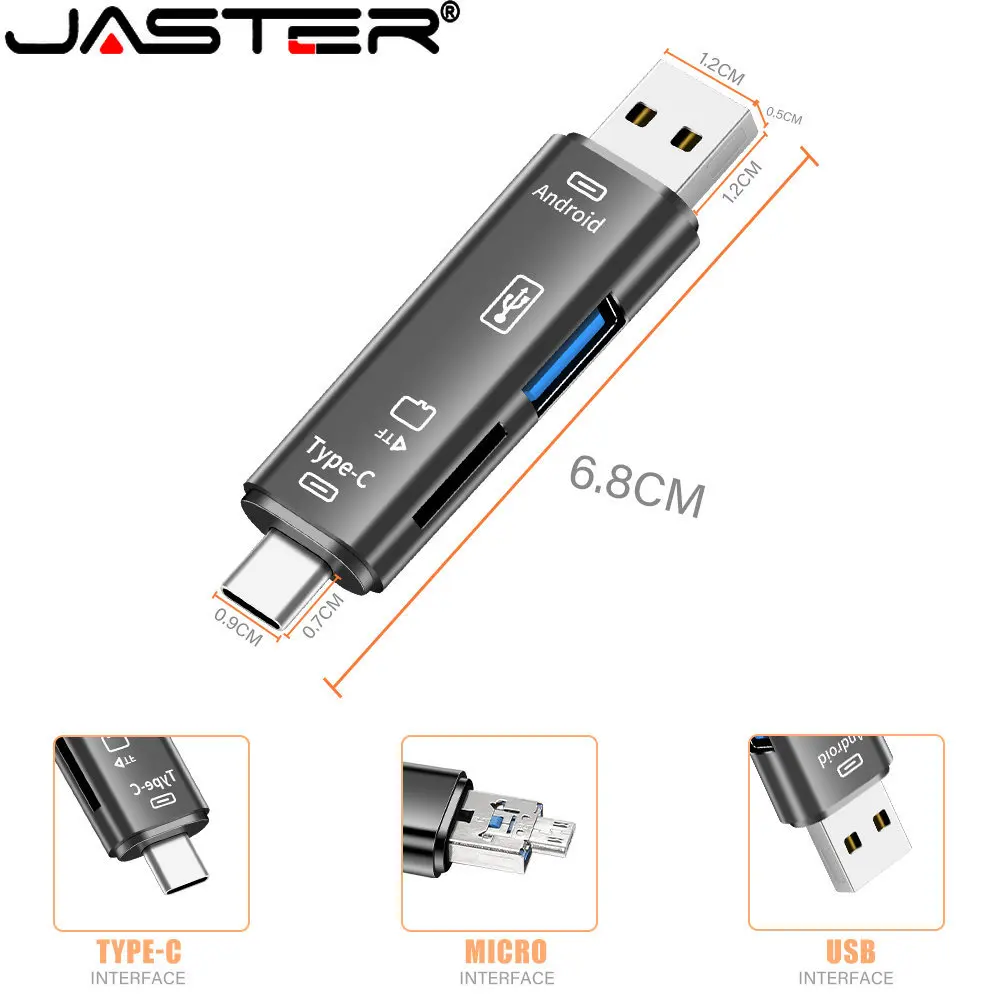 JASTER Type-C/Standard USB 3.0/Micro USB/TF Card Mini Card Reader nuovo lettore di schede multifunzione 5 in 1 White Stretch per PC Side