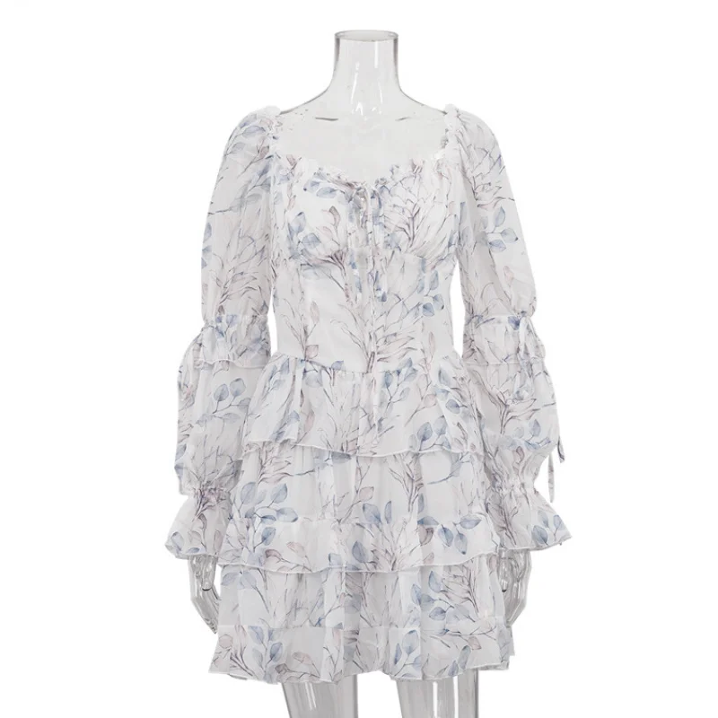 Digital Printing Elegant Dress for Women2025Spring and Summer New Square Neck Long Sleeve Tie High-End Cake Dress