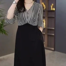 Summer Fashion Patchwork Midi Dress Ladies Vintage V-neck Pullovers Dresses 2024 New Black A-line Skirt Elegant Women's Clothing