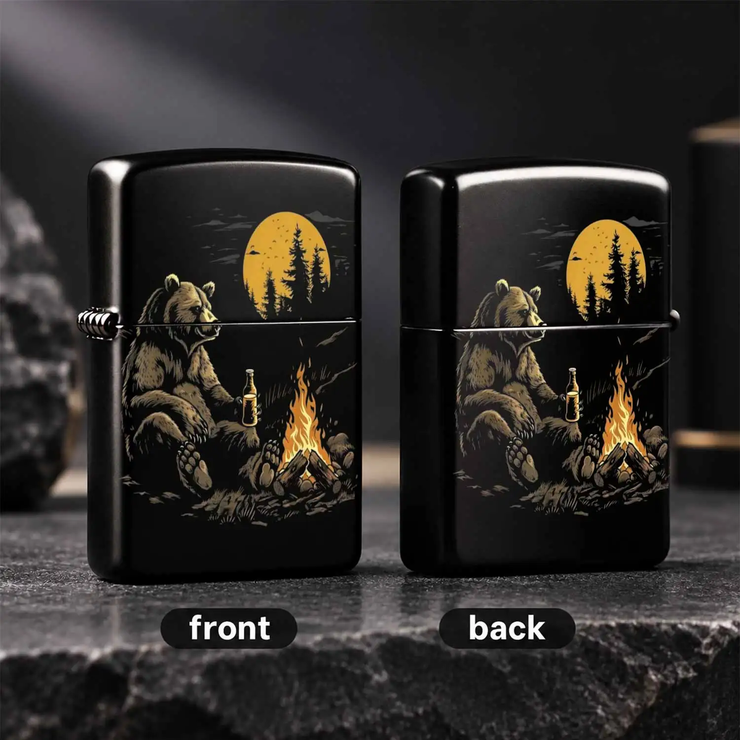 Vintage Camp Bear By Bonfire Print Portable Lighter, Cozy Retro Camping Vibe Pocket Igniter For Outdoor Hiking Picnic, Daily Casual Gatherings, Creative Practical Gift For Travel Enthusiasts And Nature Lovers A Humorous And Interesting Ligh