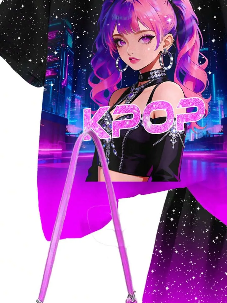 Mädchen-Set im K-Pop/Anime-Stil mit schwarz-violetter Sternenverlauf-Farbverlaufung: T-Shirt mit Allover-Print „Starry Girl“ + Mid-L-Shorts mit Farbverlauf – Detail 2