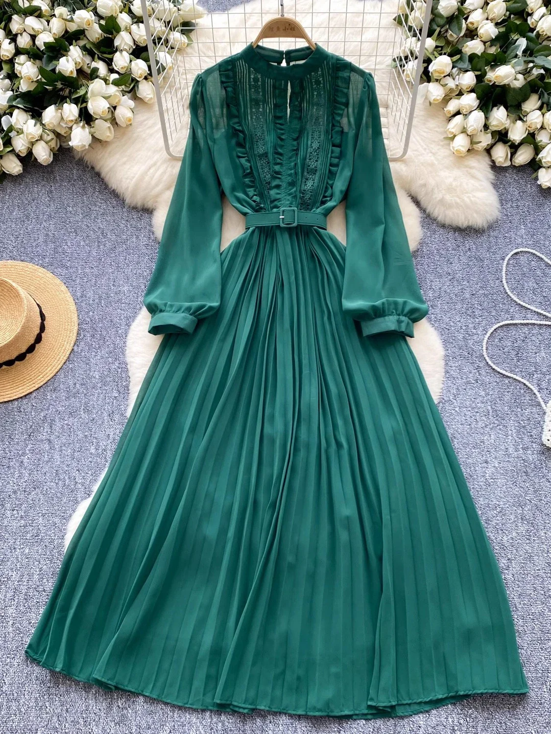 Spring Autumn Women Lace Patchwork Ruffle Draped Long Dress Rose Red/Purple/Green/White/Black Pleated Robe Casual Vestidos New