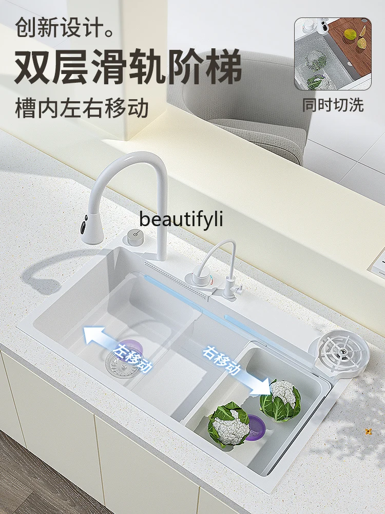 Feiyu Waterfall Sink Nano 304 Stainless Steel Kitchen Household Large Single Sink White Washing Basin Left Side Water