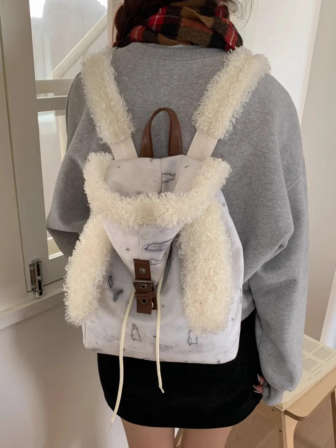 Cute Rabbit Plu Bapa Women's Faionable Versatile Student Bookbag Sweet Cool Sle Dstring Closure Leather Straps
