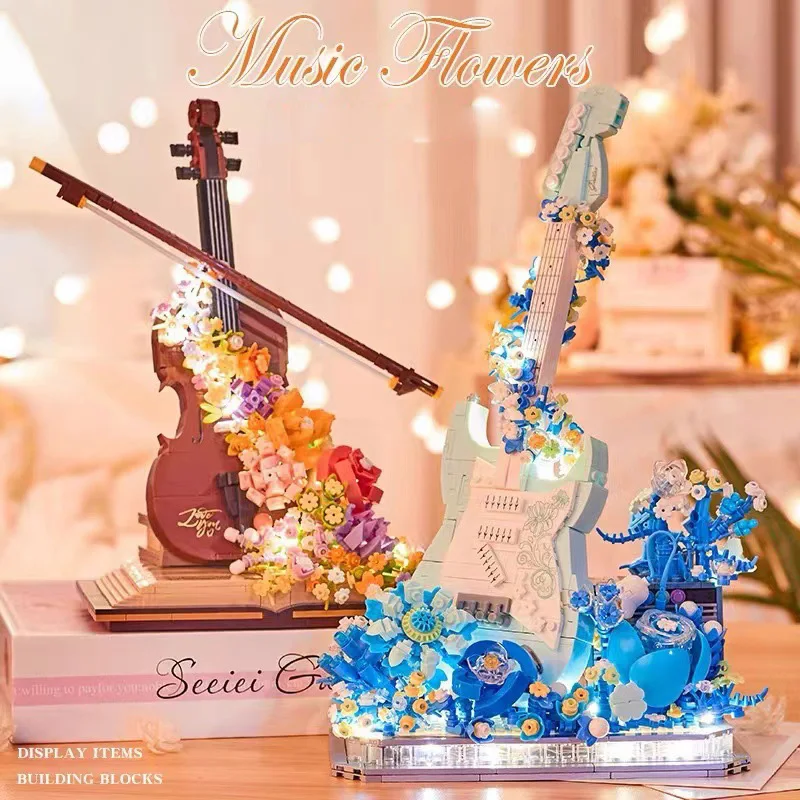 Loz Musical Instruments Mini Diamond Building Block Movement of Flowers Ukulele Electric Guitar Assemble Bricks Educational Toys