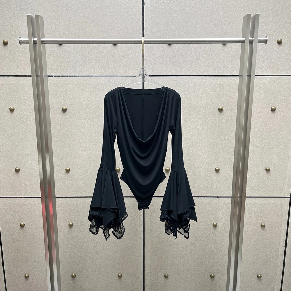 Women Draped Cowl Neck Bodysuit Long Flare Bell Sleeve Lace Trim Jumpsuit Top Slim Elegant Party Clubwear Stretchy Soft Blouse