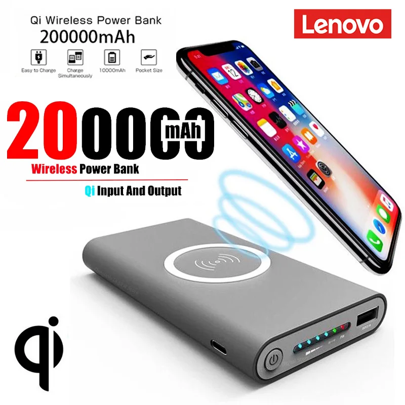 Lenovo  200000mAh Power Bank Two-Way Wireless Fast Charge Powerbank Portable Charger Type-C External Battery For iPhone Samsung