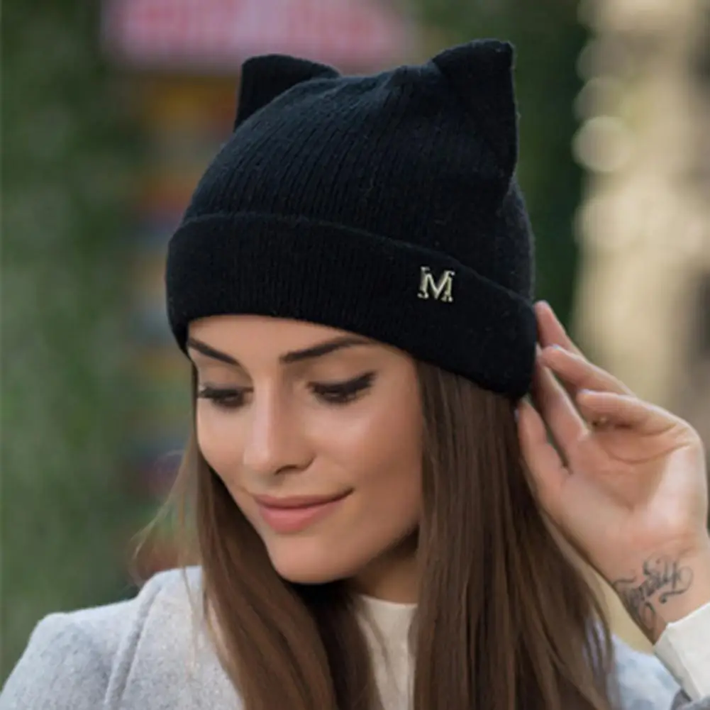 Autumn Winter Women Beanie Hat Ears Solid Color Dome Knitted Good Stretch Warm Brimless Cap for Outdoor Headwear