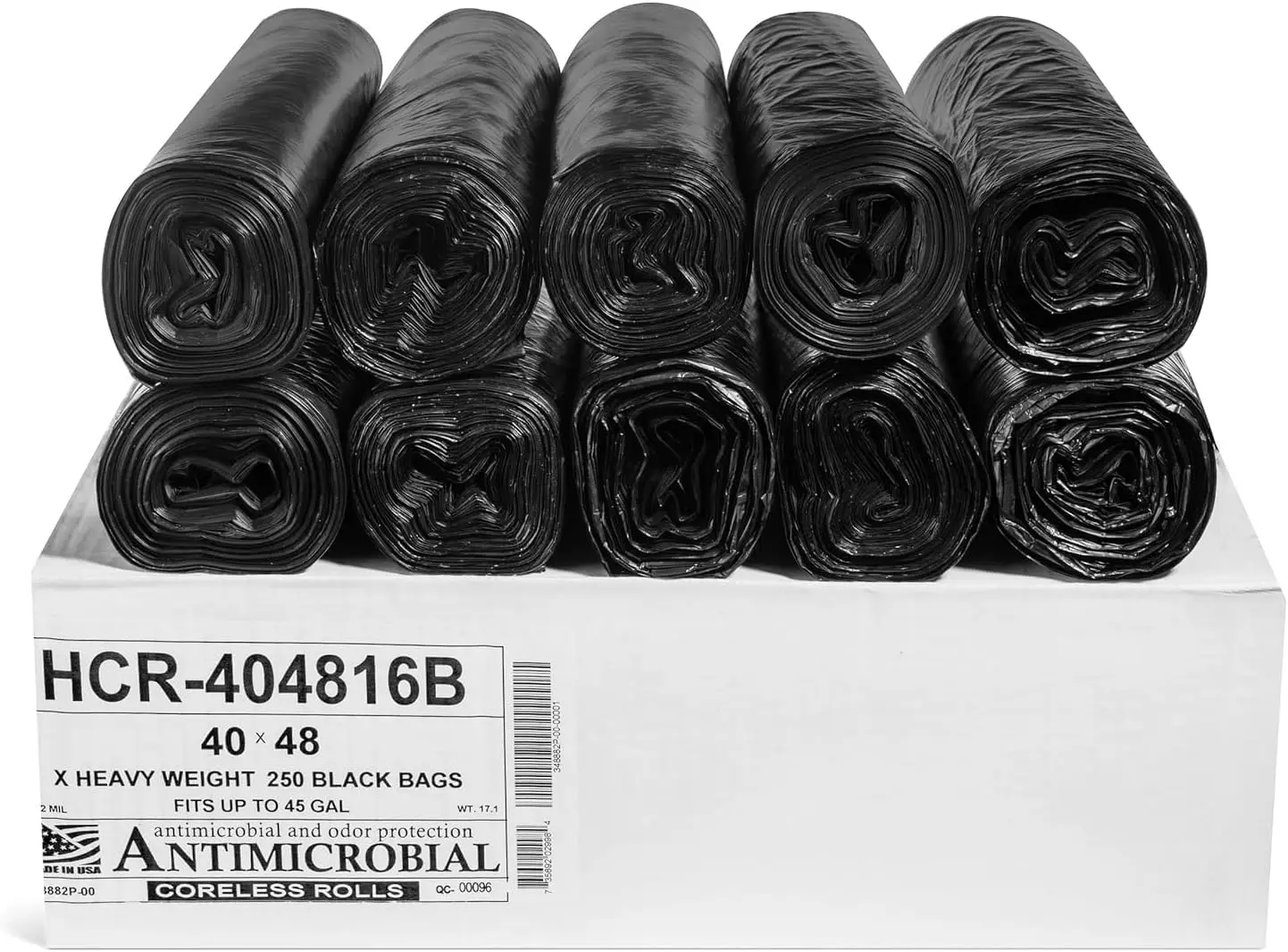 

High Density Trash Bags, 45 Gallon, 250 Count, 16 Micron (eq), 40" x 48", Black, for Bathroom, Office, Industrial,