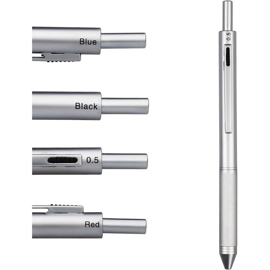 

Мультиручка 4 в 1, многофункциональная ручка с металлическим корпусом, механический карандаш 0,5 мм, красная шариковая ручка, синяя шариковая ручка и черная шариковая ручка, серебро