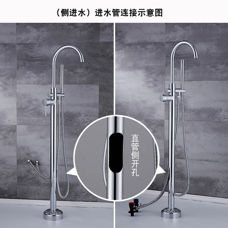 

Floor mounted bathtub faucet, vertical shower, wooden bucket, all copper mixing valve at the edge of the tub