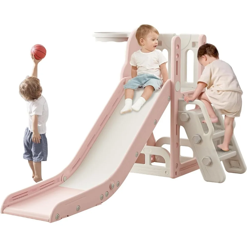 Tobogán de juego para niños con almacenamiento y escalones antideslizantes, juego de baloncesto y escalada al aire libre e interior con Featu extensible