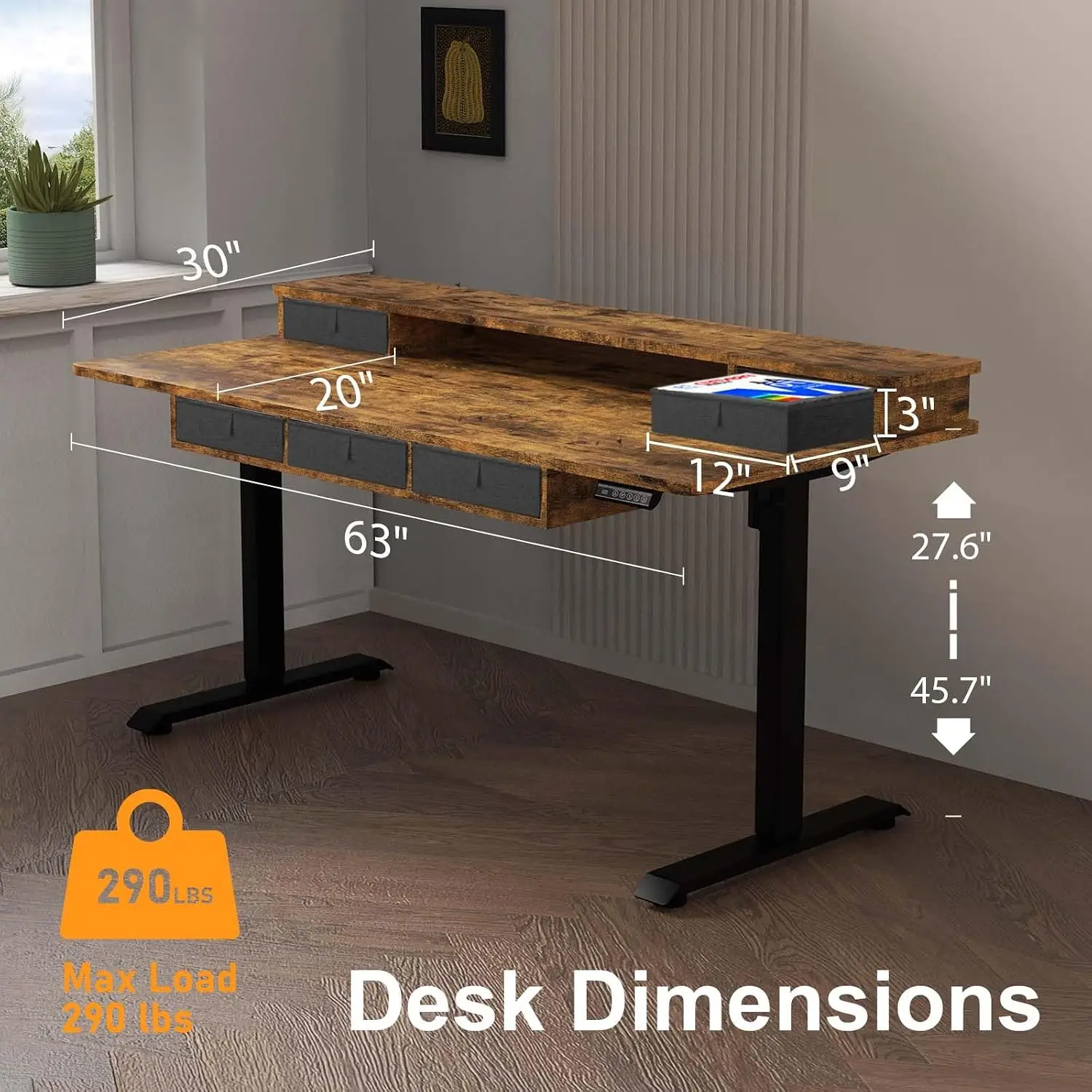 Electric Standing Desk 5 Drawers 63x30 Inch Height Adjustable Storage 290lbs Ergonomic Table Wheels Home Office, Customized
