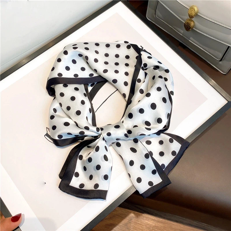 

100% Silk Scarf For Women 2026 Long White Black Polka Dot Luxury Brand Scarves Hijab Lady Office Neck Kerchief Accessories