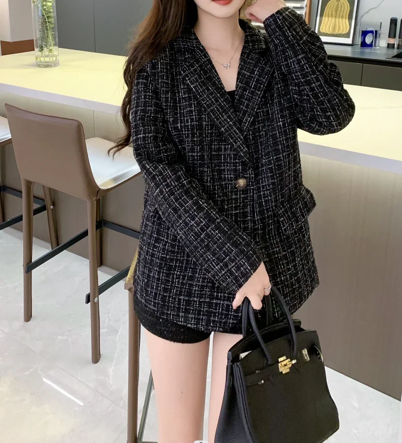 Tweed Oversize Blazer Women\'s Autumn Winter High-end Loose Elegant Woven Black Suit Jacket Female Office Lady Top High Quality