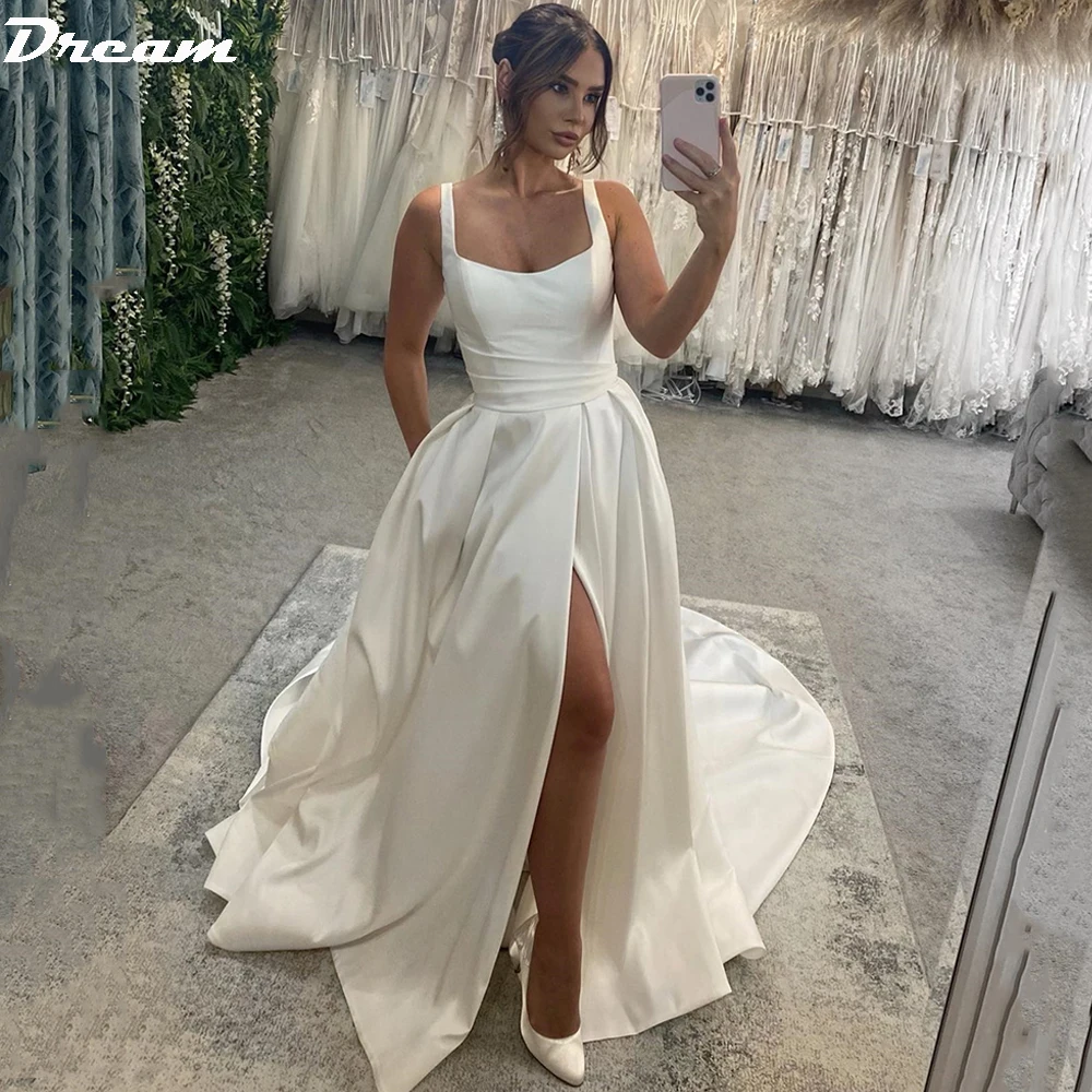 DREAM Vintage Satin Square Neck A Line Wedding Dresses Sleeveless Backless Bridal Dress High Side Split Custom Made Wedding Gown