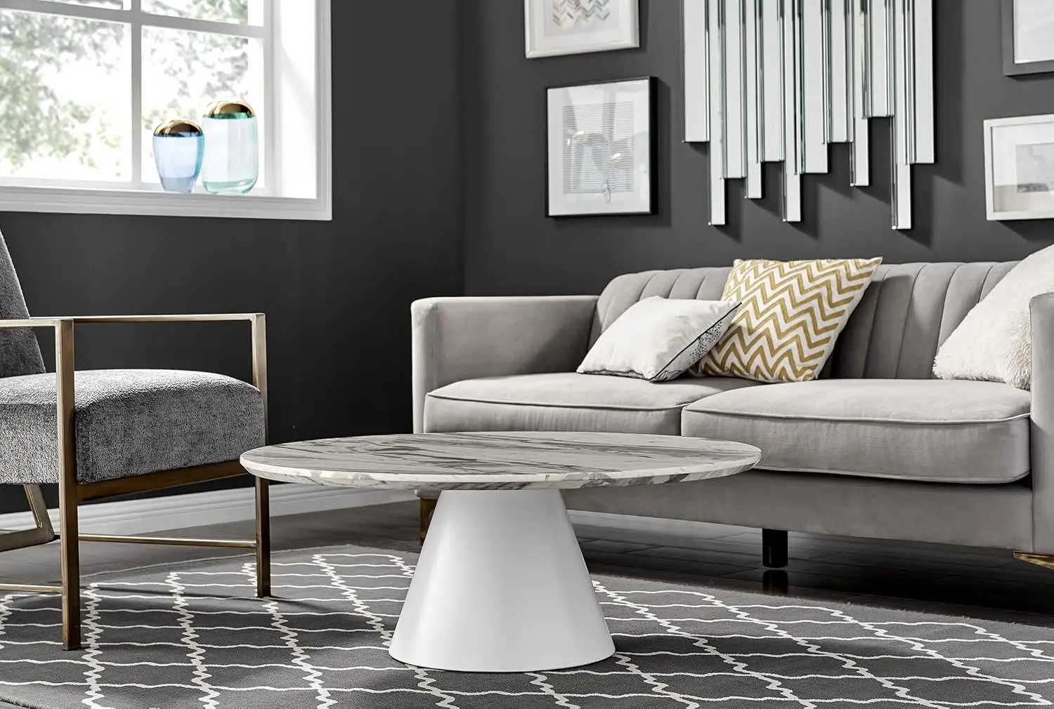 Coffee Table - Round Coffee Table - Contemporary Minimalist Coffee Table With Tapered Central Pillar - White, Customized