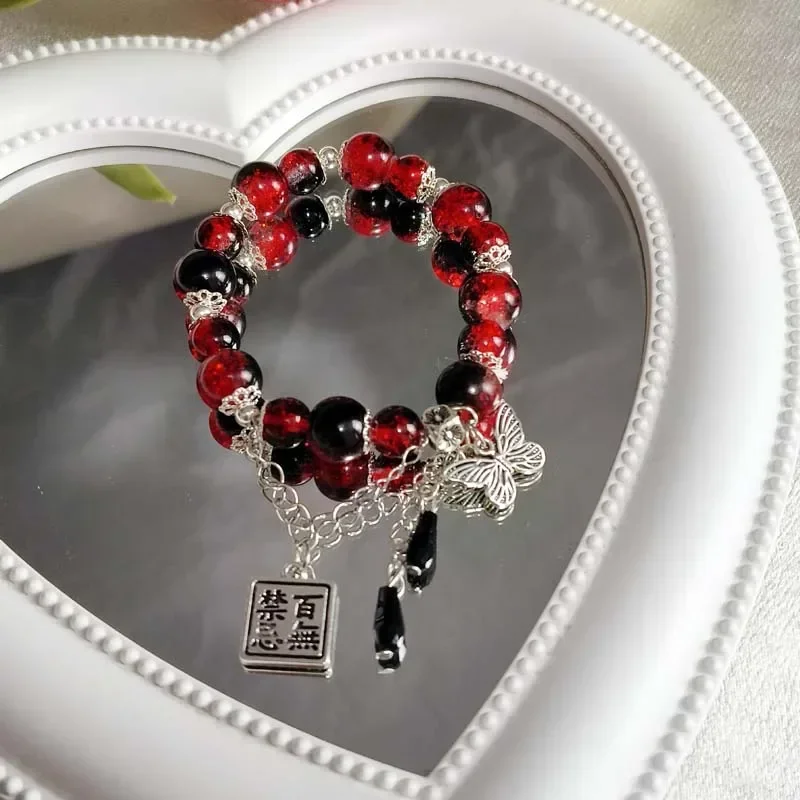 Fashion Vintage Red Beaded Chain Bracelet for Women Butterfly Pendant Charm Bracelets Anime Tian Guan Ci Fu Jewelry Accessories
