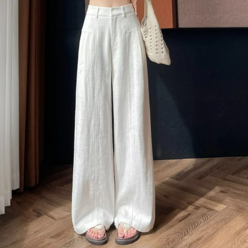 

Women's summer thin style high waist hanging feeling old money style suit straight tube cotton linen casual pants wide leg pants