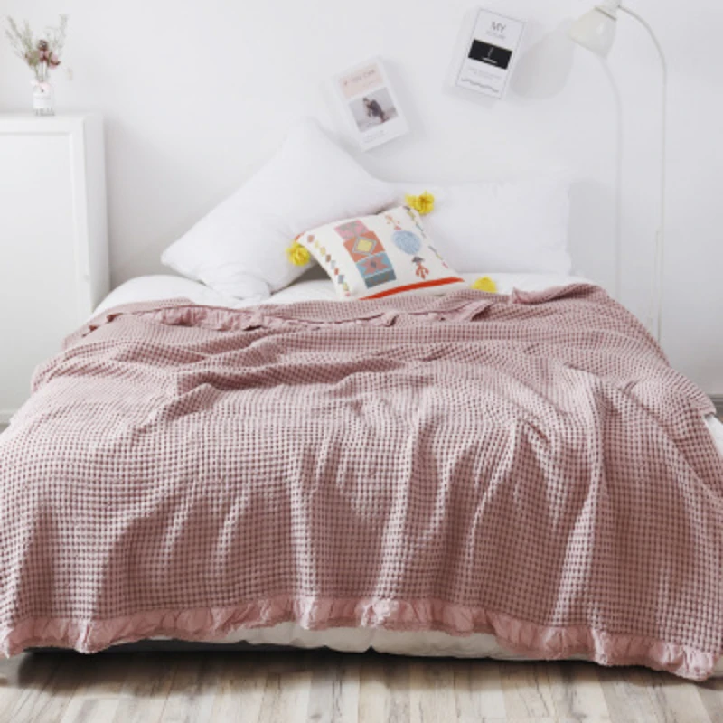 100% Cotton Soft Bed Plaid Home Japenese Knitted Blanket Corn Grain Waffle Embossed Summer Ruffles Warm Plaid Throw Bedspread