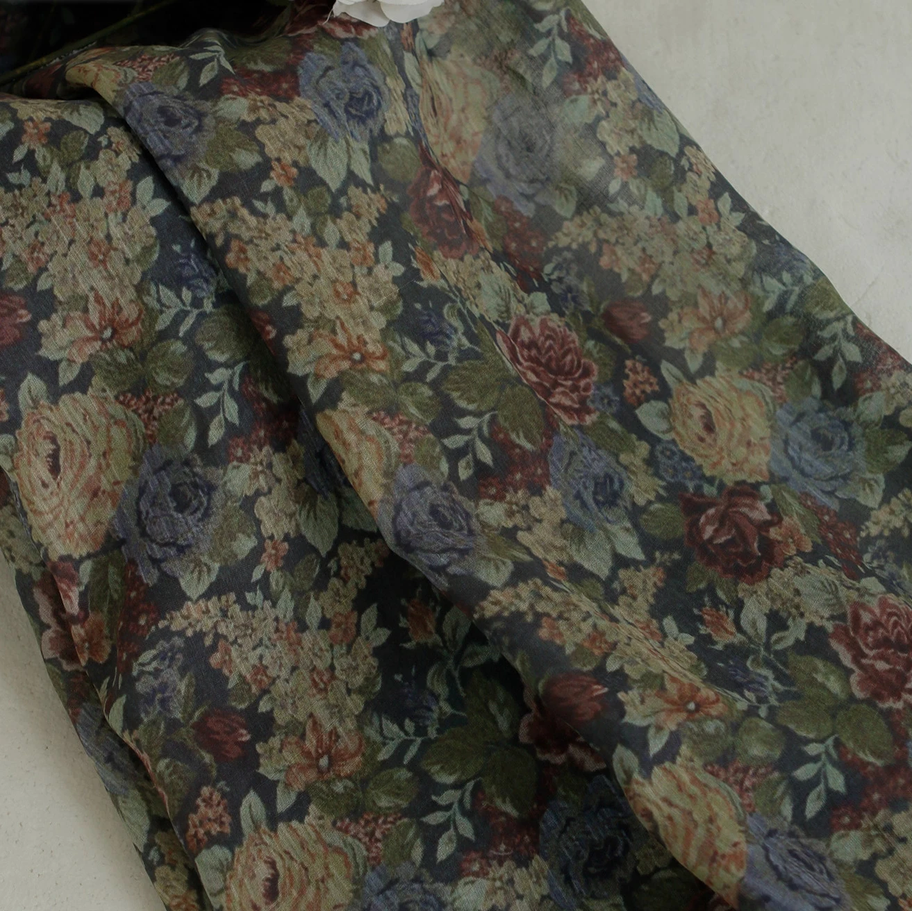 

1yard high quality pure ramie fabric vintage style flower Print tela dress shirt bag cheongsam fabric for clothing