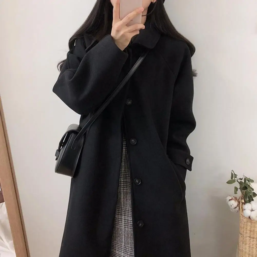 Japanese Style Women Woolen Coat Turn-down Collar Single-breasted Pockets Women Overcoat Front Placket Cardigan Thick Wool Coat