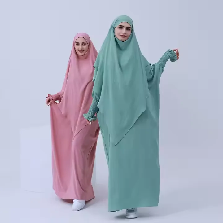 

2PCS Muslim Women 2 Layer Hijab Dress Set Islamic Clothing Dubai Turkey Abaya Kaftan Eid Ramadan Djellaba Burqa Khimar Jalabiya