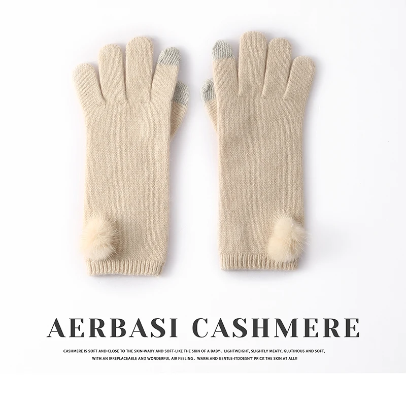 100% Real Cashmere Knitted Gloves Touchscreen Finger Women Autumn Winter Thick Cable Warm Wrist Length Classic Female Mitten