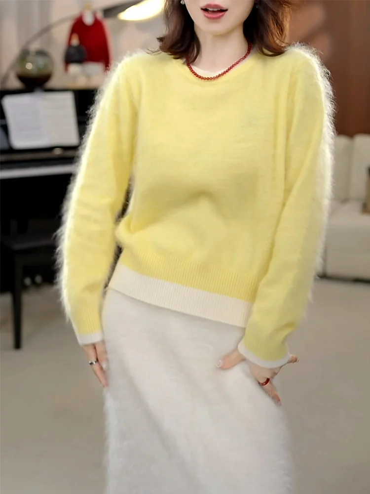 

Нежно-желтый круглый вязаный свитер в корейском стиле для женщин, модный, элегантный, осенняя новинка, большие размеры, топ