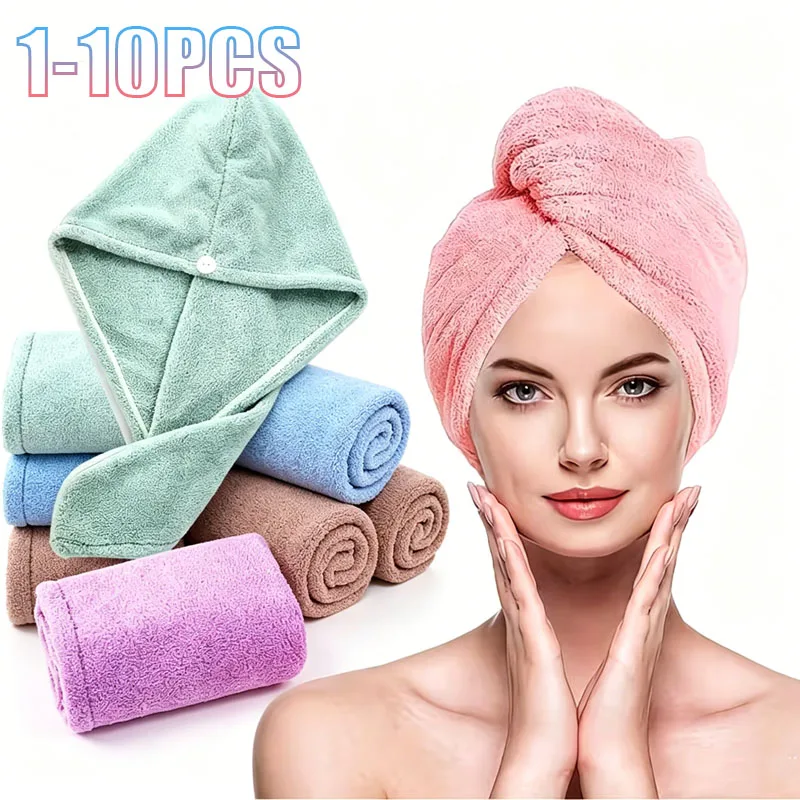1-10PCS Coral Fleece Hair Drying Turban Quick Dry Absorbent Cap for Long Hair Women Adult Dorm Soft Lightweight Super Absorbent
