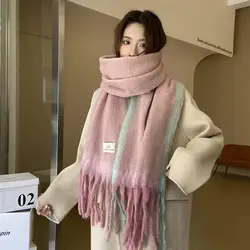 Women's Winter Cashmere Scarf Stripe Mohair Long Tassel Scarves Fashion Luxury Warm Wool Scarves Shawl Soft Thicken Shawl Wrap
