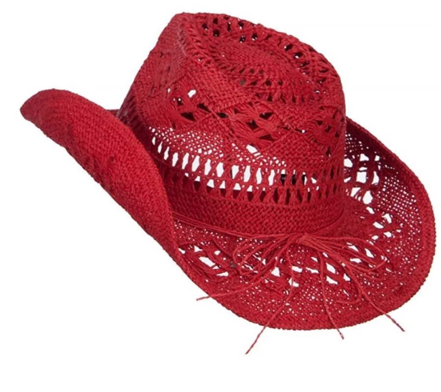 Straw cowboy hat red hand-woven hollow malan flower men and women summer sun hat western cowboy hat sombrero vaquero mujer