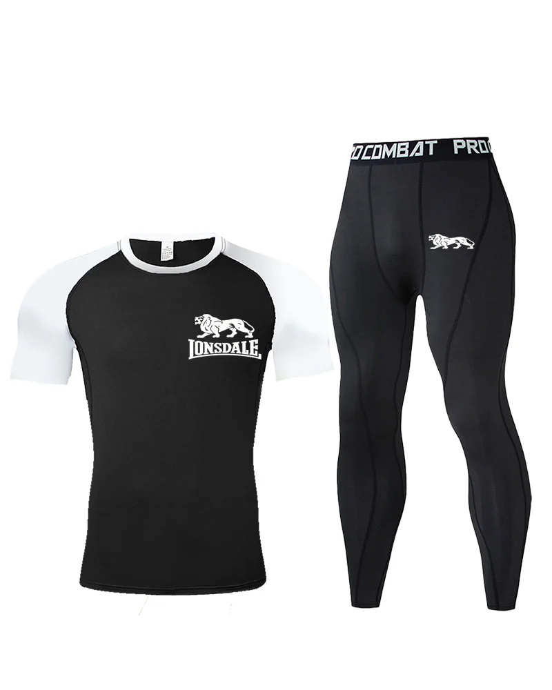 

Men's running elastic compression short sleeved pants two-piece tight fitting suit marathon training quick drying T-shirt fitnes