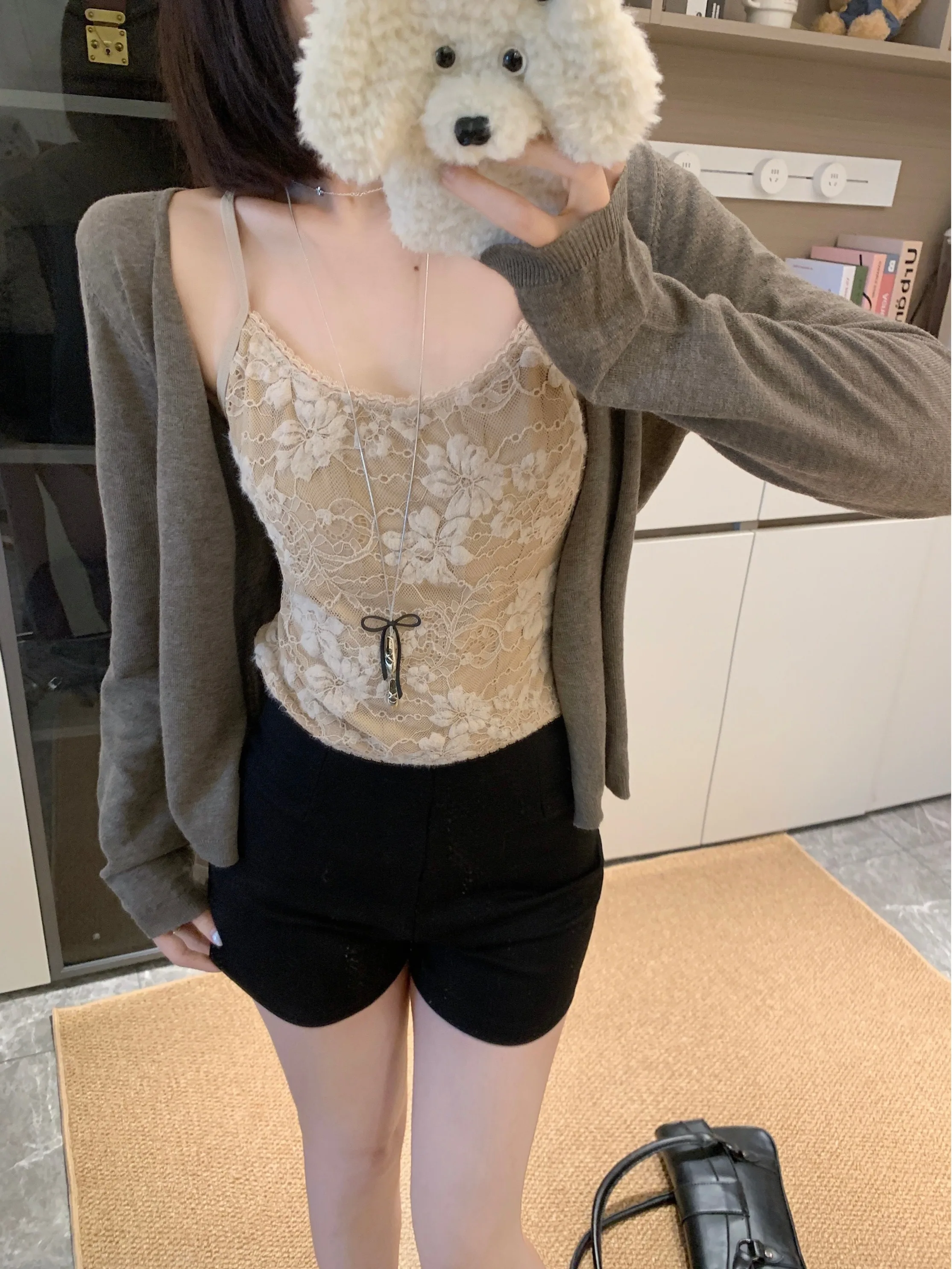 

Женский трикотажный комплект больших размеров с кружевной отделкой, облегающий, с длинным рукавом, круглым вырезом, высокой талией, осенняя новинка, корейский стиль, модный