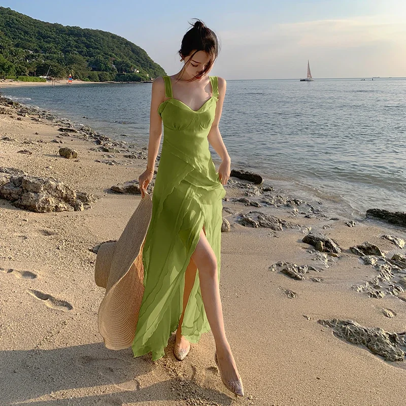 

New Summer High Slit Ruffle Maxi Fairycore Dress 2023 Apricot Green Sexy Women Strappy Slim Backless Party Female Dresses