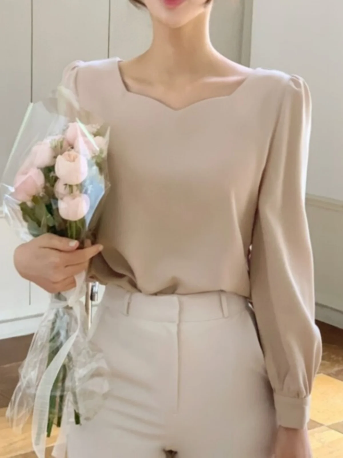 Chic Square Collar Bubble Sve Overhead irt Women's Early Spring New Tea Break Pure Color Versatile Long Sve Top