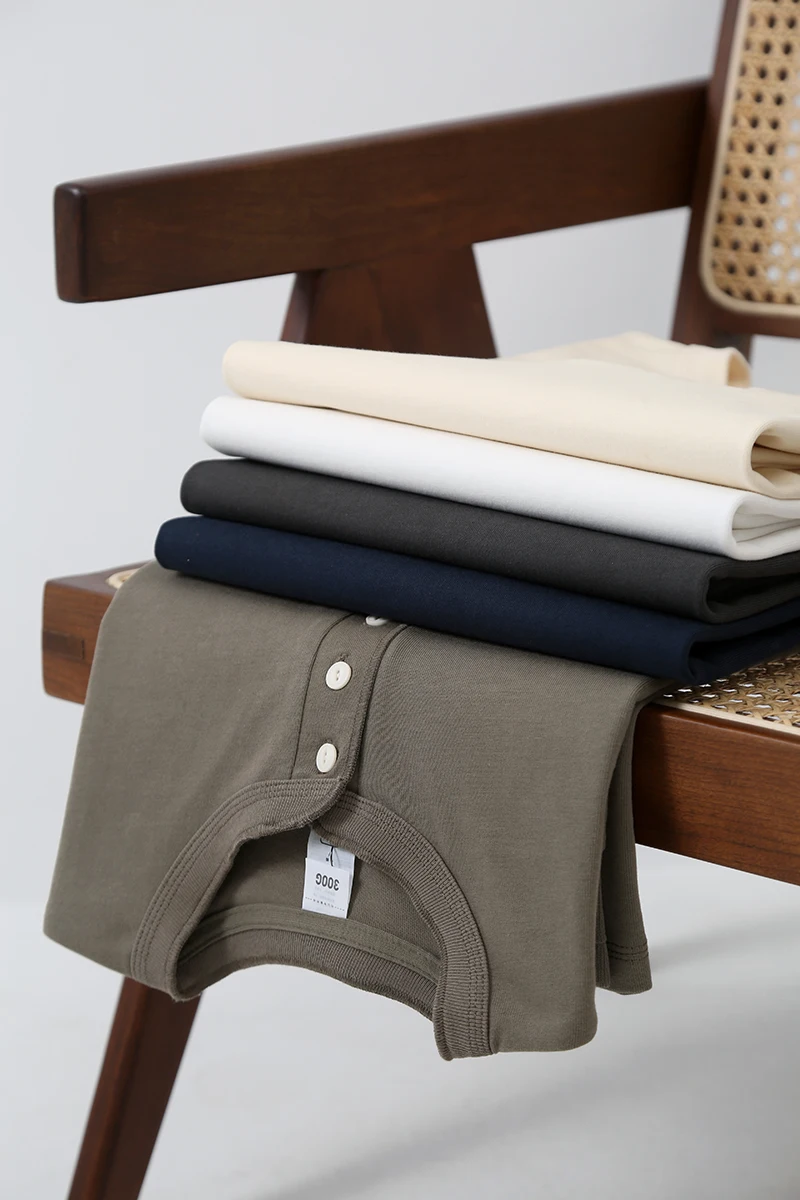 Elegant Henry Collar Long Sleeve Pure Cotton Casual T-Shirt Men's  Color Versatile Simple Base Shirt Autumn High Weight
