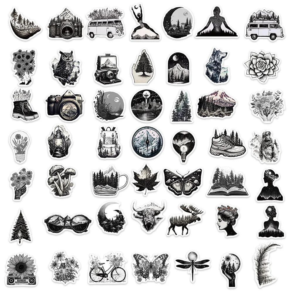 60Pcs/Lot Wholesale Black and White Outdoor Stickers Waterproof For Luggage Skateboard Laptop Notebook Car Decals Kids Gifts