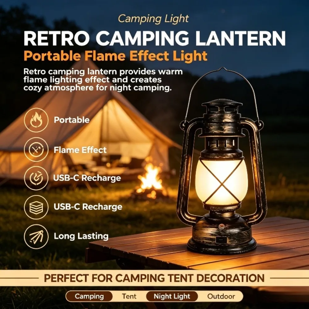 Retro Lantern Portable Camping Light Flame Lighting Effect USB-C Rechargeable Battery Suitable for Bar and Restaurant Decoration