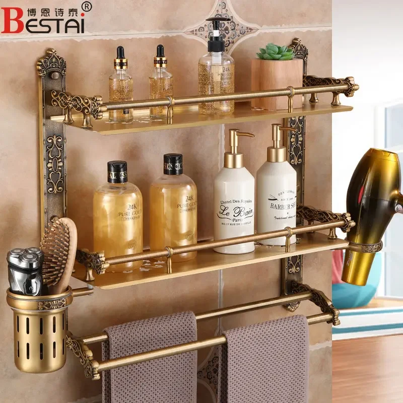 No punching towel rack Antique bathroom toilet Multifunctional double-layer shelf Wall hanging bathroom pendant