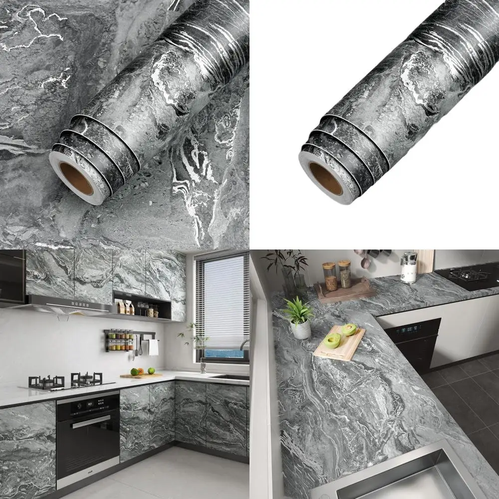 

Самоклеящаяся пленка под серебристо-серый мрамор 160x36 дюймов для столешниц в кухне и ванной - водонепроницаемая, съемная, виниловая
