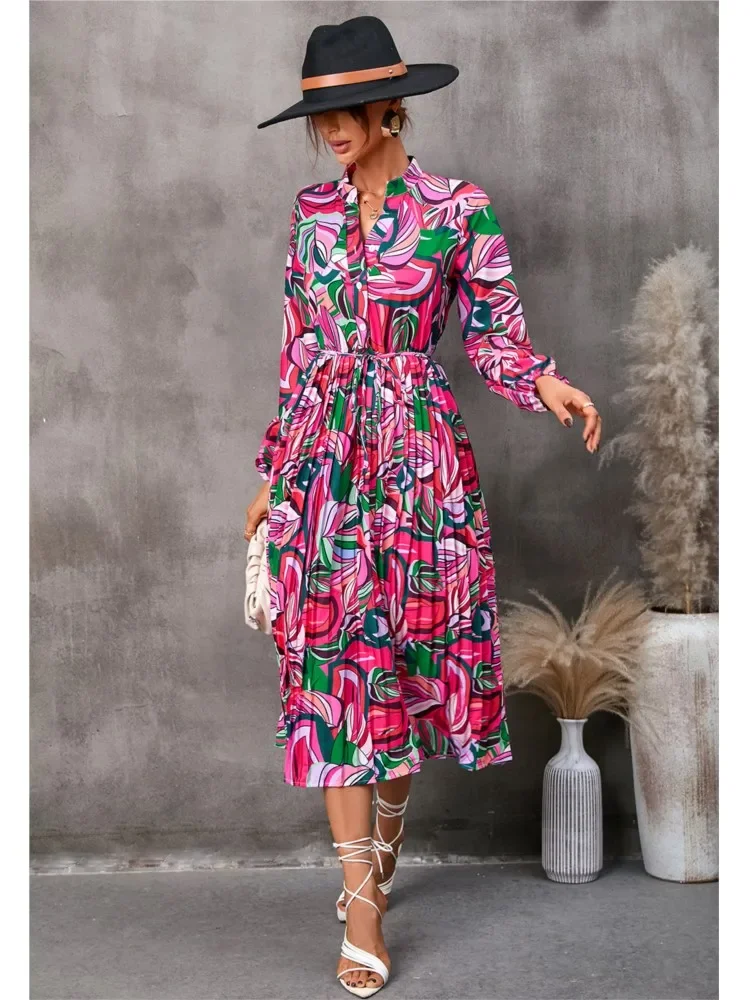 Robe plissée mi-longue à lacets pour femmes, nouvelle mode d'automne, imprimé feuilles, taille moyenne, manches longues, col de chemise, décontractée, confortable