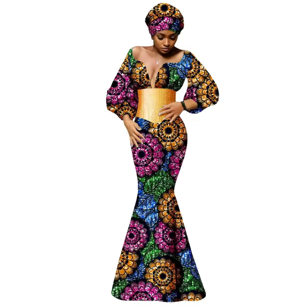 

African Dresses for Women Plus Size Luxury Party Ankara Print Cotton Sexy Match Headscarf Elegant Lady Wedding Gown