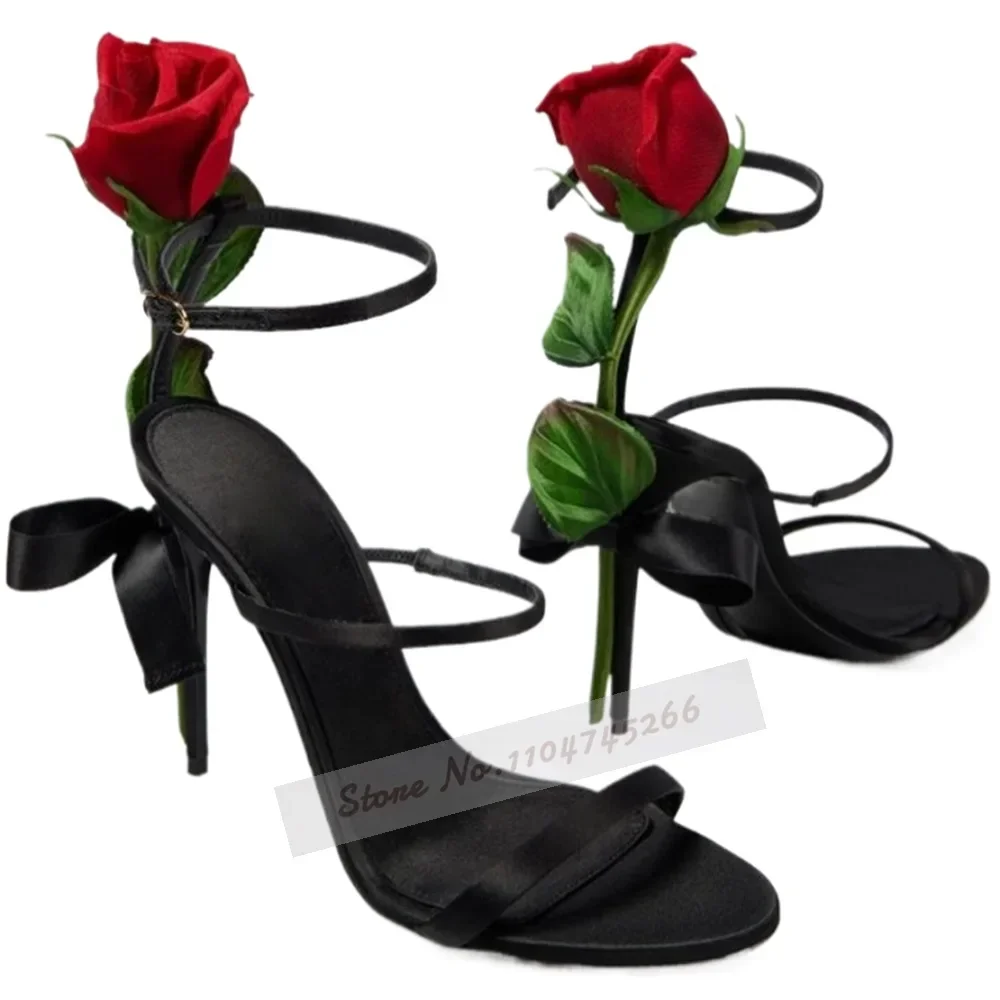 Women 3D Green Leaf Red Rose Heel Sandals Black Satin Narrow Band High Heel Shoes Stiletto Heels Blossom Floral Wedding Shoes