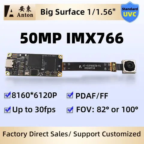50MP IMX766 USB Camera Module PDAF Auto Focus AF No Distortion 8160x6120 100 Degree Webcam Type-c/5Pin FPC Cable Free Drive
