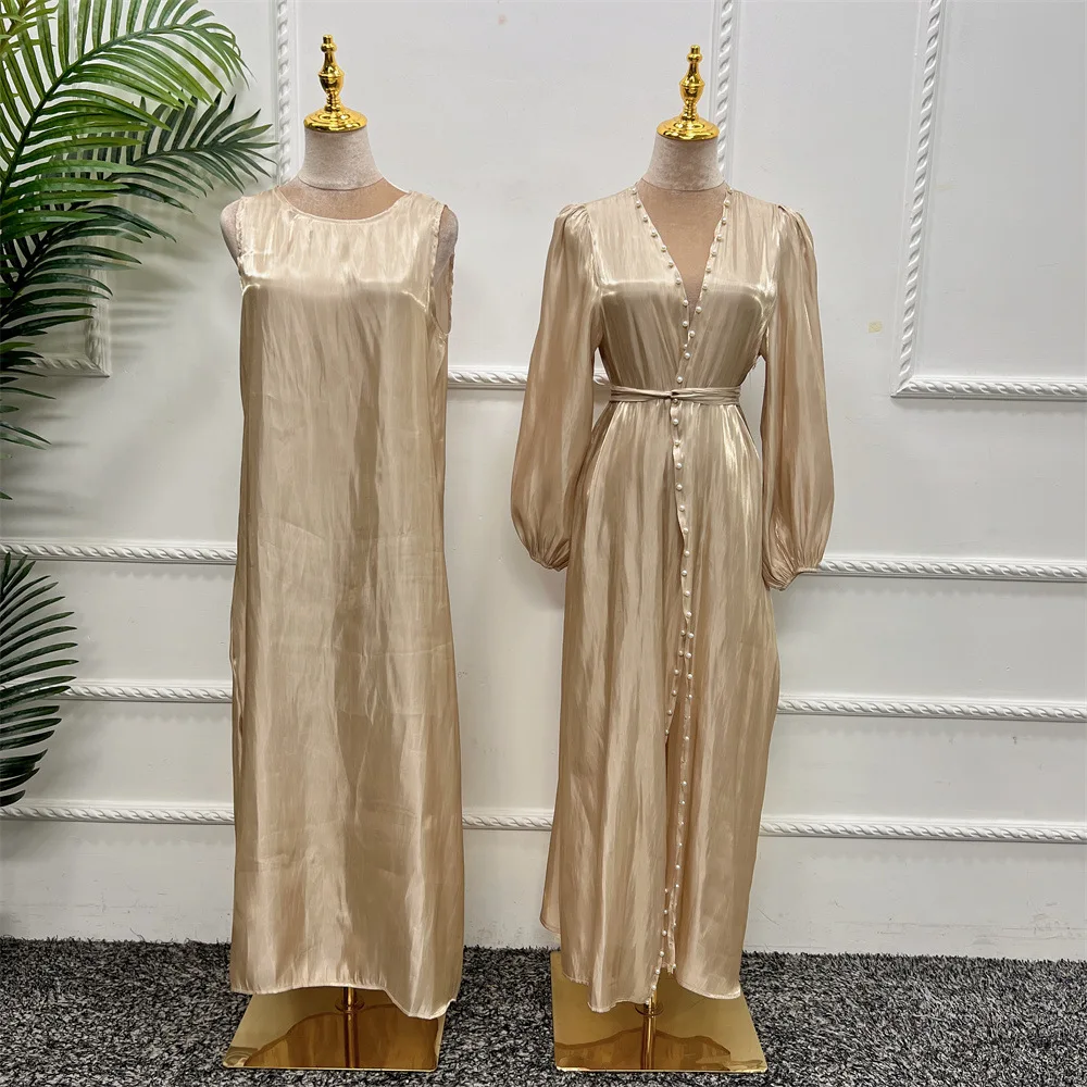 Cardigan perlé Abayas manches bouffantes ensemble musulman femmes robe Maxi à manches longues et robe d'été sans manches Musulman taille haute 2ps