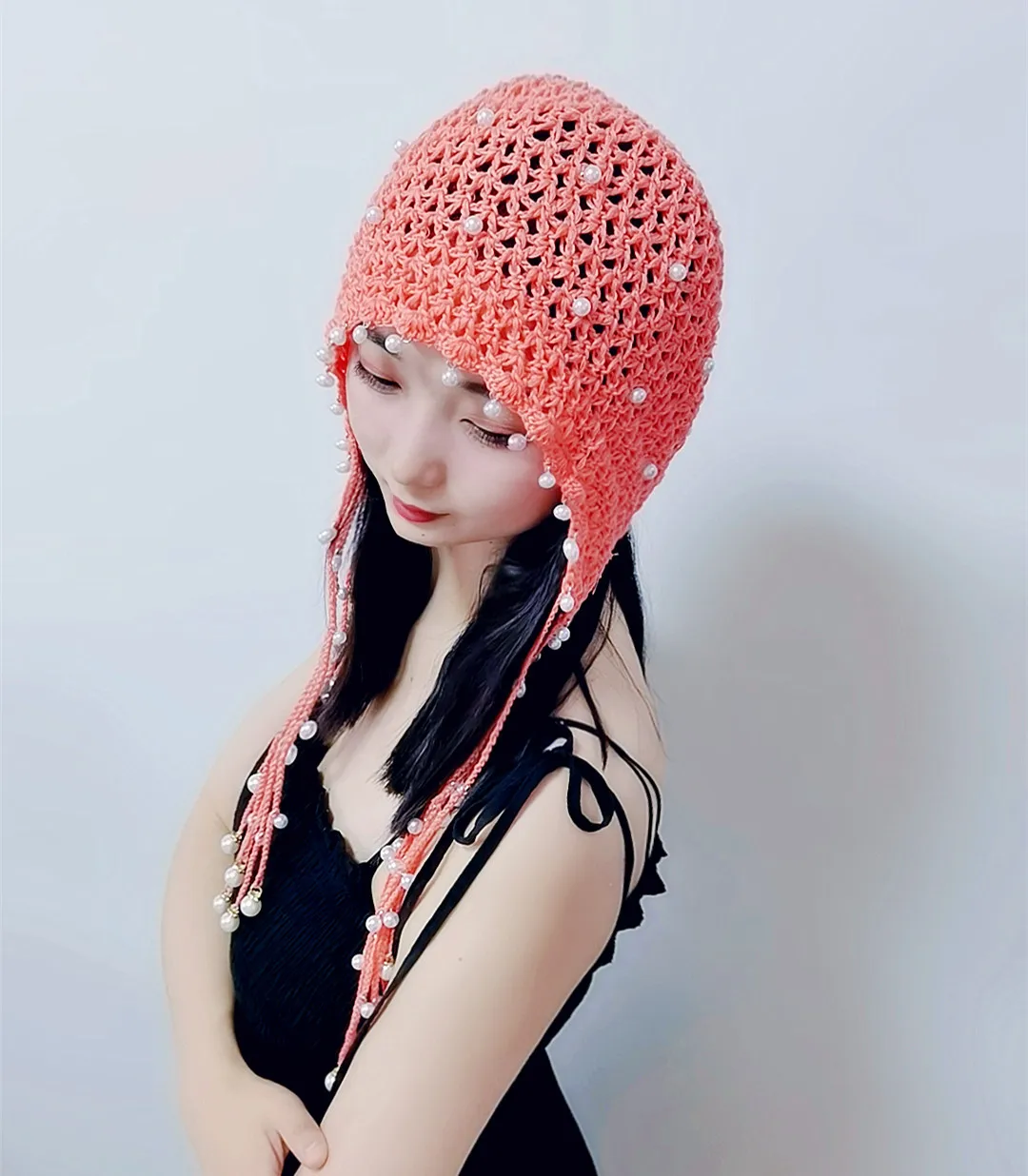 Net Celebrity Tassel Pearl Net Pocket Bohemian Style Lady Sweet Temperament Knitted Cotton Hat Selfie Decorative Props