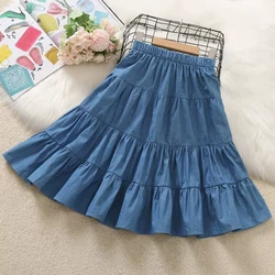 Girls Plain Skirts 2023 New Summer Patchwork Kids Cotton Cake Skirts Ruffles Pleated A-Line Midi Skirts for Girls