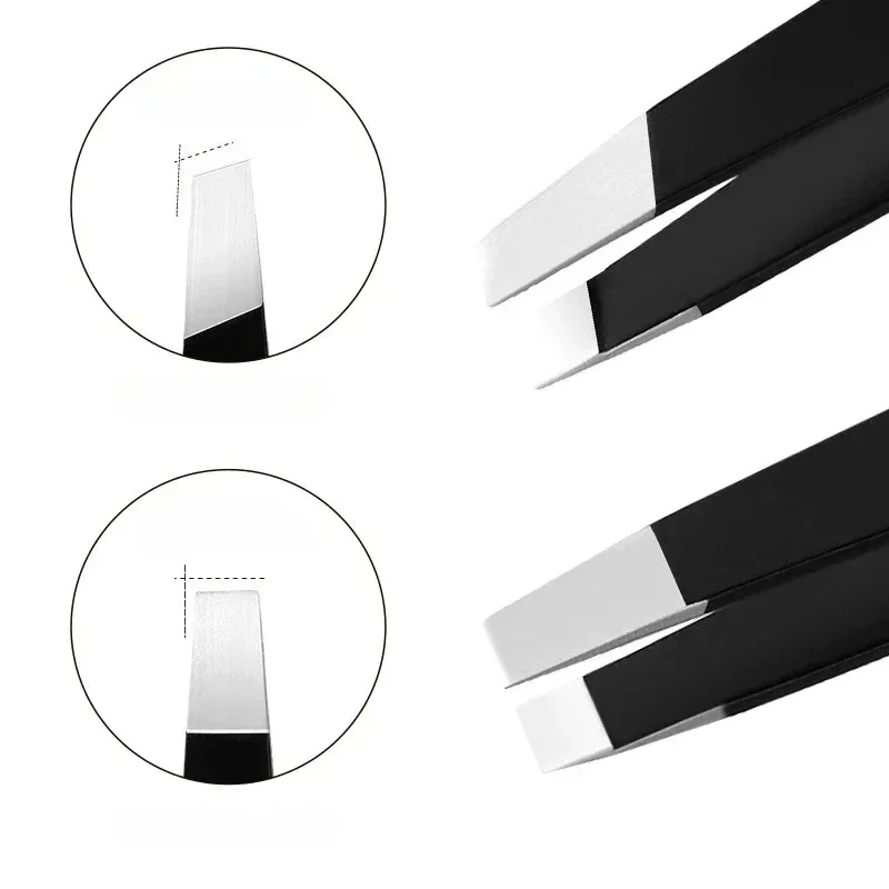 Pinça de sobrancelha preta de aço inoxidável, 2 peças, com ponto inclinado e plano, ferramentas de beleza para pinça de cílios e remoção de pelos encravados
