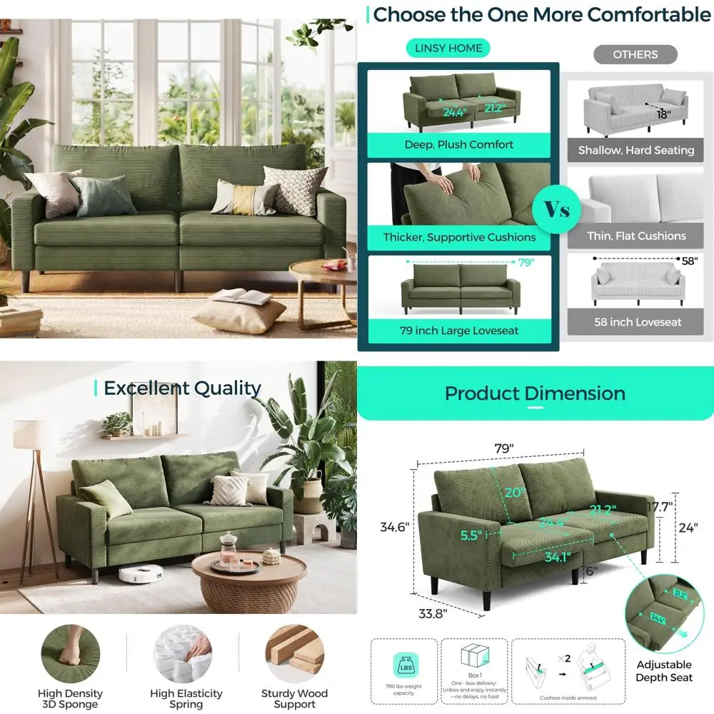 

Modern Loveseat Sofa for Living Room, Comfortable Corduroy, Adjustable Depth Seats, Deep Seating, Solid Wood Frame